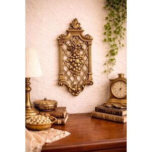 Vintage Gold Fruit on Lattice Ornate Wall Art Plaque | Hollywood Regency / MCM